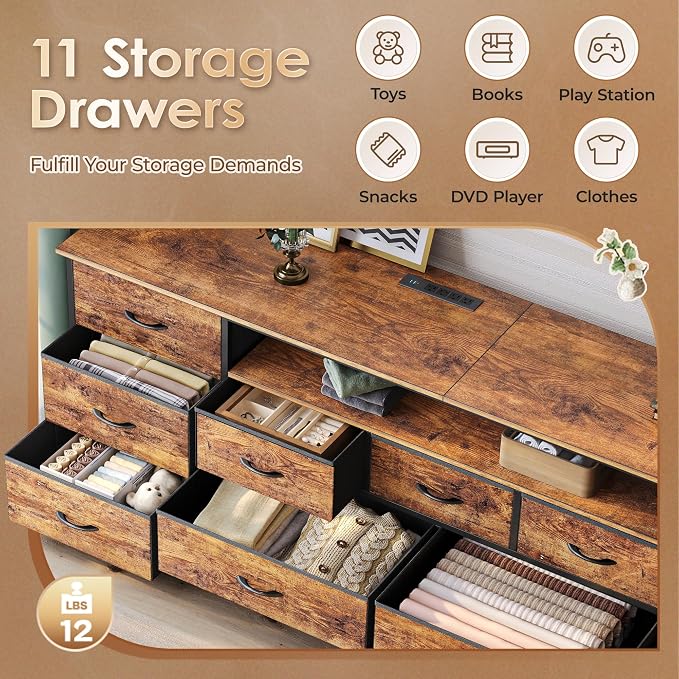 Huuger 70 Inch TV Stand for 75, 80 Inch TV, 11 Drawer Long Dresser with Power Outlets and LED Lights, Entertainment Center with Storage, Rustic Brown Dresser with Printed Surface