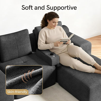 Multifunctional Couch Caddy Sofa Armrest with Couch Cup Holder, Charging Console, Phone Holder, Storage 20.3'' Removable Dark Grey Chenille Sofa Arm Rest Caddy Organizer for Sofas Couches