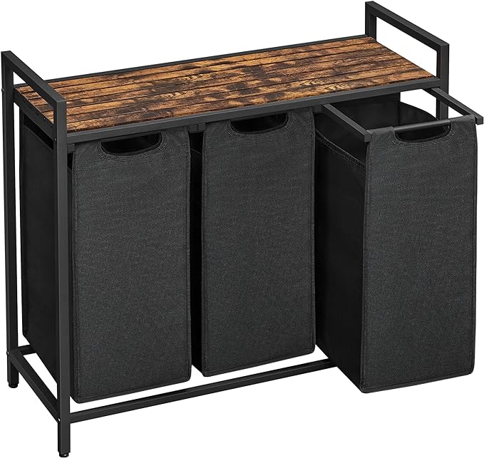 VASAGLE Laundry Hamper, Laundry Basket, Laundry Sorter with 3 Pull-Out and Removable Bags, Shelf, Metal Frame, 3 x 10.6 Gallons (40 L), 36.4 x 13 x 28.4 Inches, Ink Black and Rustic Brown UBLH301B01