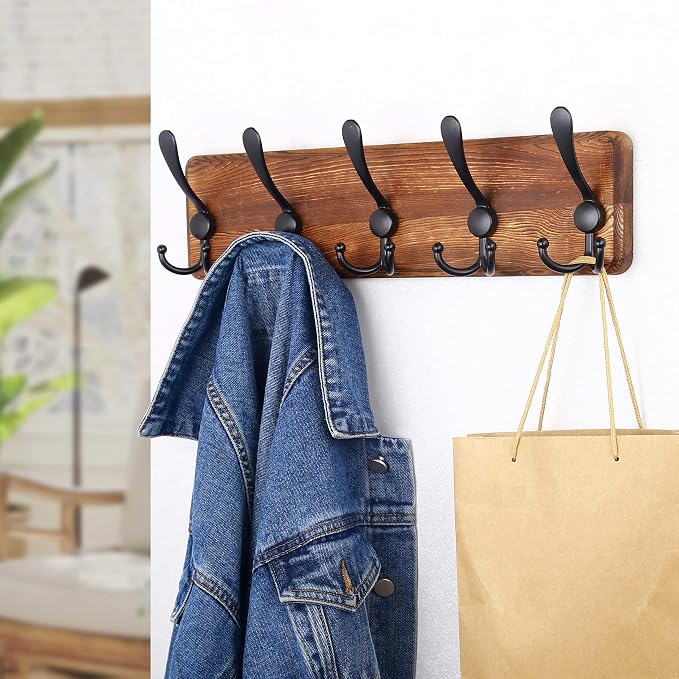 SKOLOO Rustic Wall Mounted Coat Rack: 16" Stud Spacing, Pine Real Wood Plank Wall Coat Rack with 5 Triple Hooks, Farmhouse Coat Hanger Wall Mount for Hanging Backpack Jacket Coat Hat,Pack of 2
