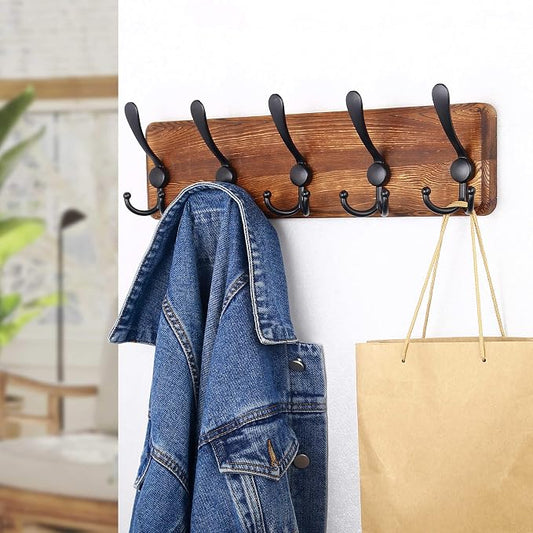 SKOLOO Rustic Wall Mounted Coat Rack: 16" Stud Spacing, Pine Real Wood Plank Wall Coat Rack with 5 Triple Hooks, Farmhouse Coat Hanger Wall Mount for Hanging Backpack Jacket Coat Hat,Pack of 2