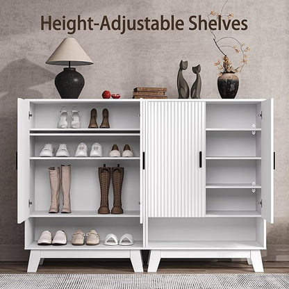 4-Tier Fluted Shoe Cabinet with 2 Doors & Open Shelf, Mid Century Modern Shoe Storage Organizer with Adjustable Shelves, Metal Handles & Wood Legs, Hidden Shoe Rack for Entryway, Hallway
