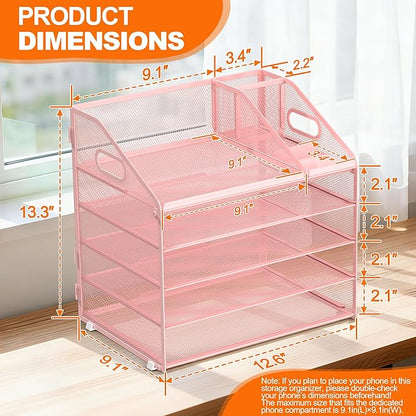 DocNest 5 Tier Metal Mesh Letter Tray - Space Saving Desk File Organizer with Handle, Pen Holder & Folder Holder - Desktop Document Sorter for Office, Home, School, Classroom - Pink