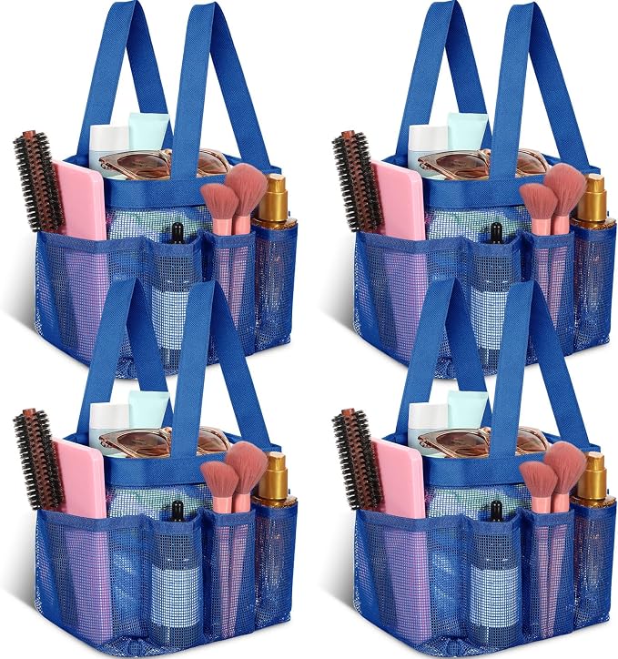 Hillban 4 Pcs Mesh Shower Caddy Portable Shower Caddy for Dorm Beach Mesh Bags with Deeper 8 Pockets and Handles Showers Caddies Basket for Women College Room Vacation(Navy Blue)