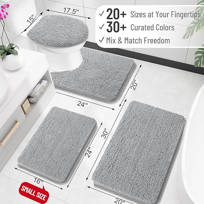 OLANLY Toilet Rugs U-Shaped 24x20, Extra Soft Absorbent Chenille Contour Bathroom Rugs for Toilet, Dry Quickly, Machine Washable, Non-Slip Bath Mat, Light Grey