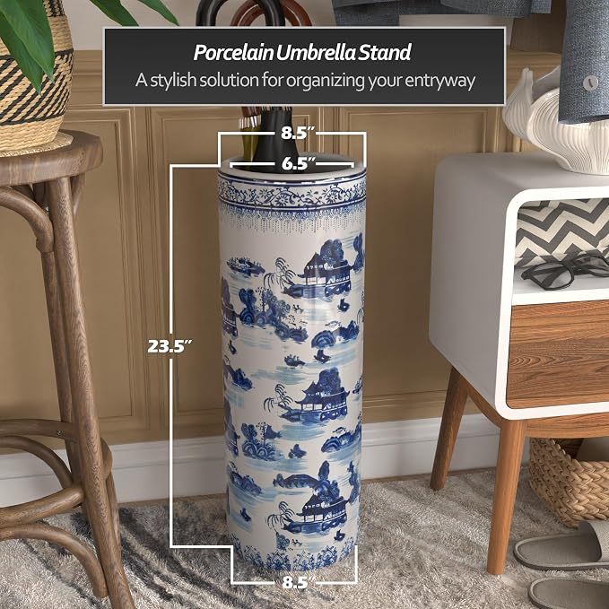 Oriental Furniture 20" Landscape Blue & White Porcelain Umbrella Stand