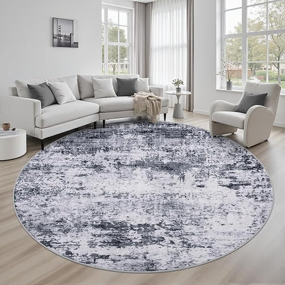 Round Area Rug for Living Room: 8 ft Washable Modern Abstract Soft Thin Rug Indoor Floor No Slip Stain Resistant Carpet for Bedroom Dining Room Farmhouse Nursery Home Office - Grey