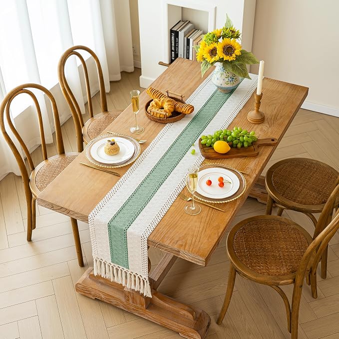 FEXIA Sage Green Table Runner 60 Inches Long with Tassels Boho for Summer Home Decor Rustic Macrame Farmhouse Table Cover for Wedding Party Bohemian Bridal Shower Dining Decorations(12x60 Inches)