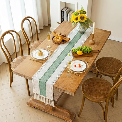 FEXIA Sage Green Table Runner 60 Inches Long with Tassels Boho for Summer Home Decor Rustic Macrame Farmhouse Table Cover for Wedding Party Bohemian Bridal Shower Dining Decorations(12x60 Inches)