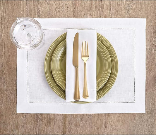 Solino Home Linen Placemats Set of 4 - Classic Hemstitch White Placemats 14 x 19 Inch - 100% Pure Linen Table Mats for Winter, Valentines, Spring, Easter