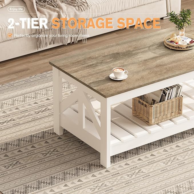 YESHOMY Farmhouse Coffee Table, Coffee Tables for Living Room, Farmhouse Square Coffee Table with Storage, Couch Table, Small Tables for Small Spaces, Gray & White