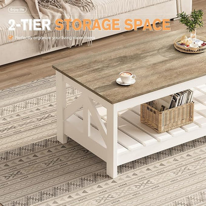 YESHOMY Farmhouse Coffee Table, Coffee Tables for Living Room, Farmhouse Square Coffee Table with Storage, Couch Table, Small Tables for Small Spaces, Gray & White