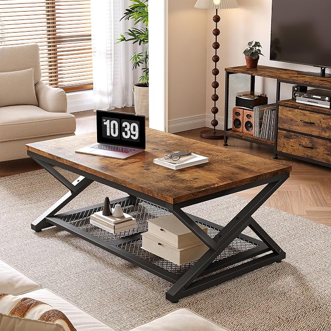 EnHomee Rustic Coffee Table with Storage, Farmhouse Coffee Table with Mesh Shelf, 2 Tier Rectangular Center Table for Living Room, Home Office, 39.4 Inch, Rustic Brown