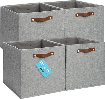 OrganiHaus 13" x 13" x 13" Cube Fabric Storage Bins Set of 4, Canvas Storage Cubes w/ Vegan Handles, 13 inch Collapsible Bins for Kallax, Cubbies Organizer, 13x13 Basket for Decor - Grey