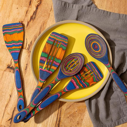 5pc Wood Cooking Utensils Set - Wooden Spoons for Cooking – Pakka Wood Utensils for Cooking and Serving – Comfortable Grip and Non Stick (Blue Rainbow)