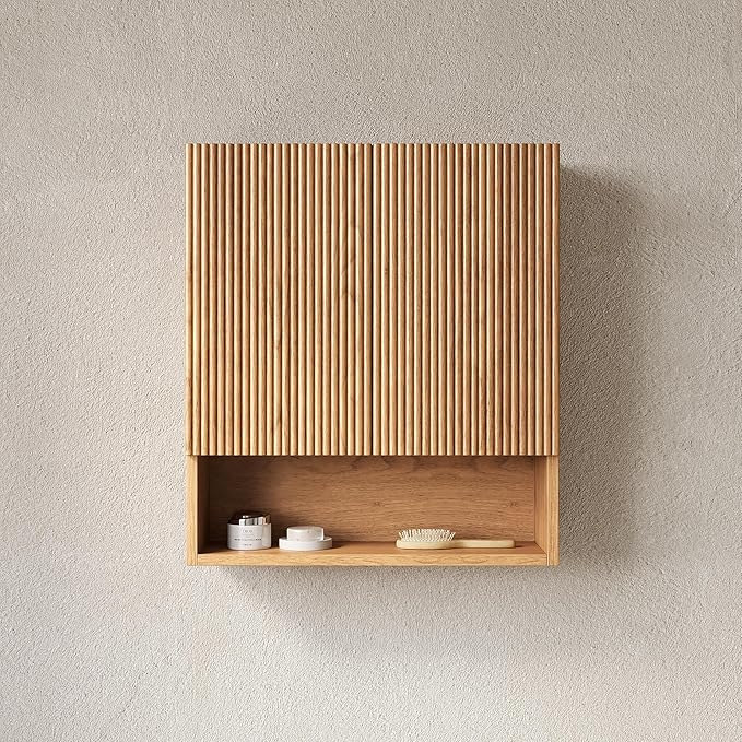 26" Wall-Mounted Striped Bathroom Cabinet, with Doors, Shelf and Open Storage Compartment Over The Toilet Storage Cabinet for Bathroom, Kitchen, Laundry Room, Natural Wood