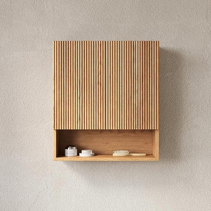 26" Wall-Mounted Striped Bathroom Cabinet, with Doors, Shelf and Open Storage Compartment Over The Toilet Storage Cabinet for Bathroom, Kitchen, Laundry Room, Natural Wood