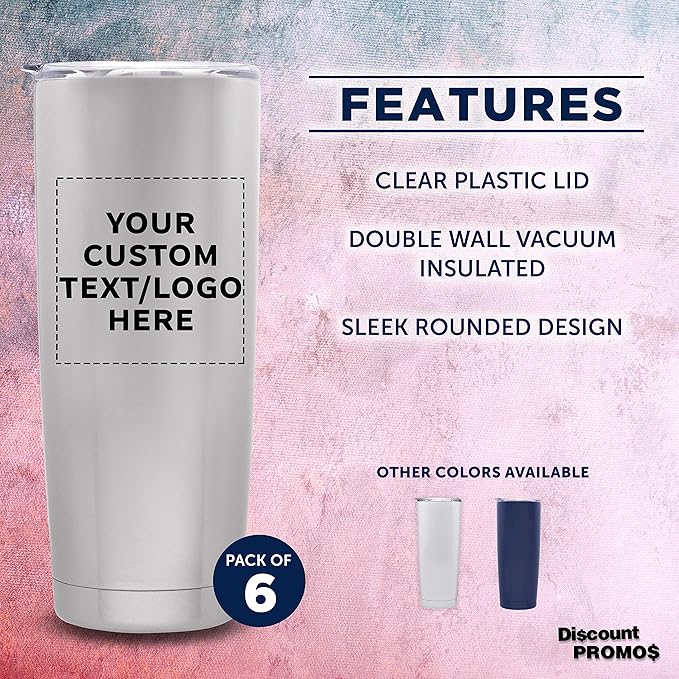 Custom Pipette Stainless Steel Coffee Tumblers 20 oz. Set of 6, Personalized Bulk Pack - Double Wall, Perfect for Coffee, Hot Cocoa, Other Hot & Cold Beverages - Silver