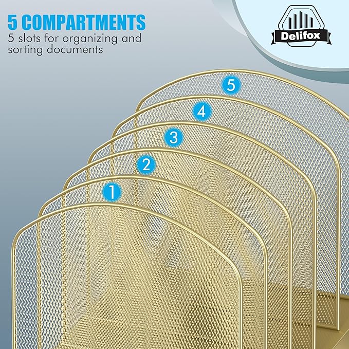 Inclined Desk File Organizer, 5-Section Vertical File Folder Holder Stand Metal Rack File Sorter for Office Classroom Desktop Organization (Gold, 2Pack)