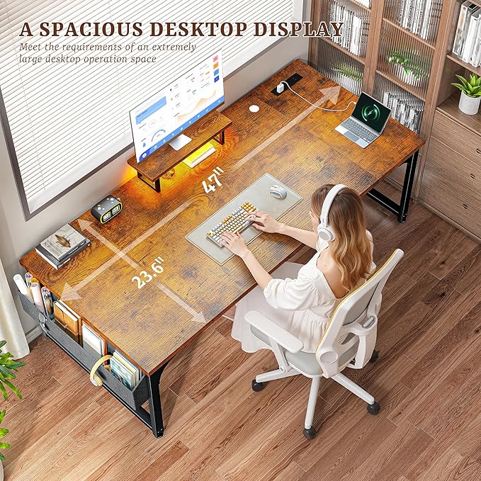 Computer Desk with 0.95 Inch Thicker Desktop & Monitor Stand & Storage Bag, Office Desk with Power Outlets, Gaming Desk with LED Light, Writing Desk for Home Office, Study, Bedroom, Brown