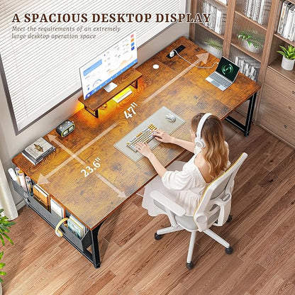 Computer Desk with 0.95 Inch Thicker Desktop & Monitor Stand & Storage Bag, Office Desk with Power Outlets, Gaming Desk with LED Light, Writing Desk for Home Office, Study, Bedroom, Brown