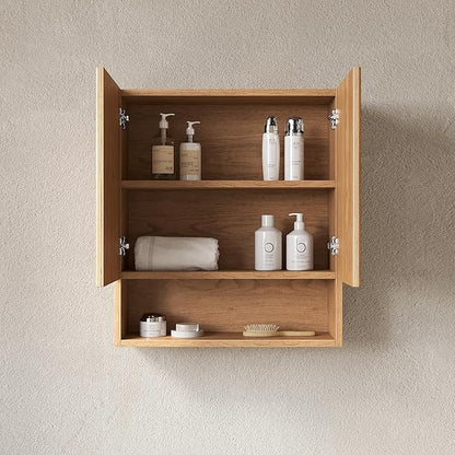 26" Wall-Mounted Striped Bathroom Cabinet, with Doors, Shelf and Open Storage Compartment Over The Toilet Storage Cabinet for Bathroom, Kitchen, Laundry Room, Natural Wood