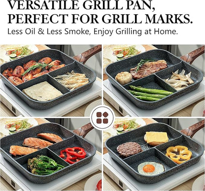 SENSARTE Nonstick Divided Grill Pan for Stove Tops, 3-Section Versatile Breakfast Grilling Pan, Durable Square Grill Skillet, Steak Griddle Pan, PFOA, PFOS, APEO Free, Induction Compatible, 9.5 Inch