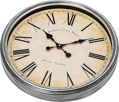 Bernhard Products Large Decorative Wall Clock 20 Inch Silent Non Ticking Battery Operated Quartz Vintage Stylish with Rustic Silver Rim for Home Living Room Dining Room Kitchen & Over Fireplace