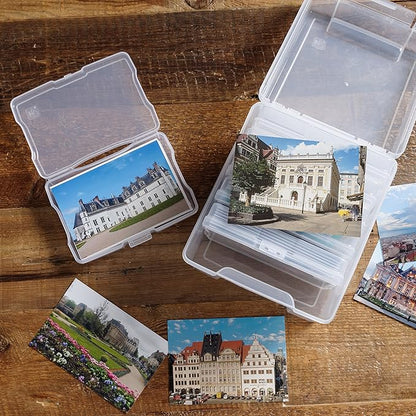 IRIS USA 5" x 7" Photo Storage Box Craft Keeper, Transparent Protection Container with 6 Organization Holder Cases for Pictures, Tasks, Scrapbooking, Ephemera, Stationery Storage, Clear