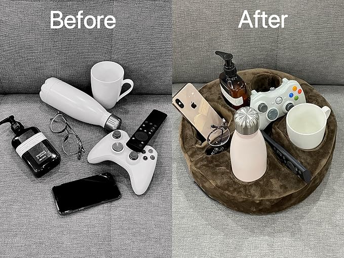 Xchouxer Couch and Bed Cup Holder Pillow, Sofa Organizer Caddy for Drinks, Remotes, Phones, Snacks (Brown)