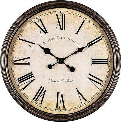 Bernhard Products Large Decorative Wall Clock 20 Inch Silent Non Ticking Battery Operated Quartz Vintage Stylish with Rustic Dark Brown Rim for Home Living/Dining Room Kitchen & Over Fireplace