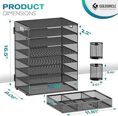 8 Tier Paper Letter Tray Organizer with Handles, Mesh Desk File Holder Storage Organization for Home School Classroom & Office (Black-with Drawer,Pen Holders)