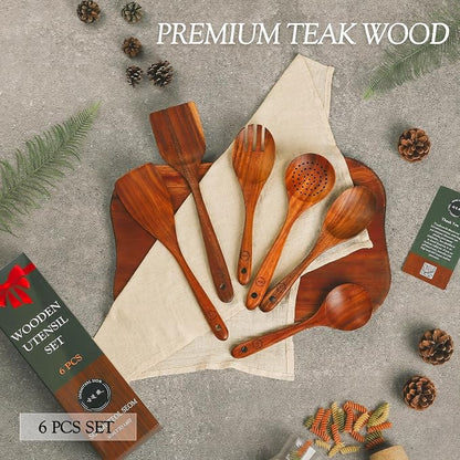 SOOMGYEOL SEOM 6-Piece Teak Wood Cooking Utensil Set | Wooden Spoons and Spatulas, Nonstick Safe, Heat Resistant, Natural Wooden Kitchen Tools