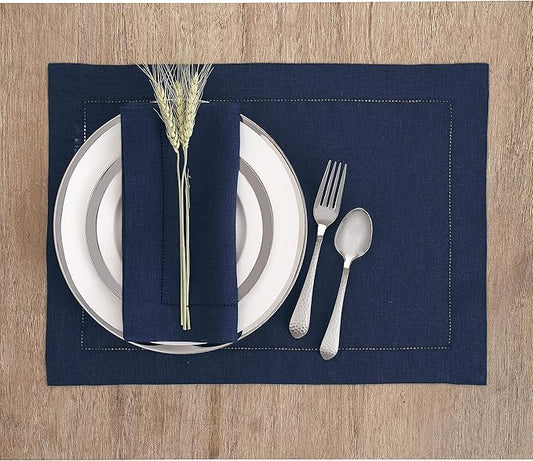 Solino Home Linen Placemats Set of 4 - Classic Hemstitch Navy Blue Placemats 14 x 19 Inch - 100% Pure Linen Table Mats for Winter, Easter