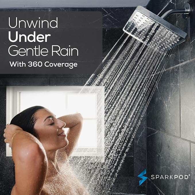 SparkPod Rain Shower Head, 8 Inch Square | High Pressure Shower Heads, 90 Nozzle (Touch-to-Clean), Adjustable Showerhead, No-tool Universal Connection