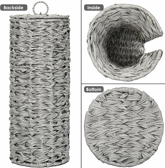 4 Mega Rolls Extra Toilet Paper Storage with Lid, Waterproof Plastic Wicker Toilet Paper Holder Basket Stand, Decorative Boho Covered Enclosed Toilet Tissue Organizer for Bathroom, Grey