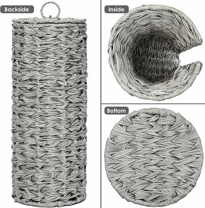 4 Mega Rolls Extra Toilet Paper Storage with Lid, Waterproof Plastic Wicker Toilet Paper Holder Basket Stand, Decorative Boho Covered Enclosed Toilet Tissue Organizer for Bathroom, Grey