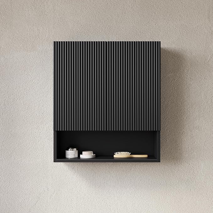 26" Wall-Mounted Striped Bathroom Cabinet, with Doors, Shelf and Open Storage Compartment Over The Toilet Storage Cabinet for Bathroom, Kitchen, Laundry Room, Black