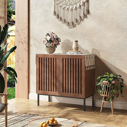 Storage Cabinet, Modern Coffee Bar with Adjustable Shelf and Metal Base, 32 Inch Wood Multifunctional Console Table for Kitchen, Living Room, Entryway, Brown