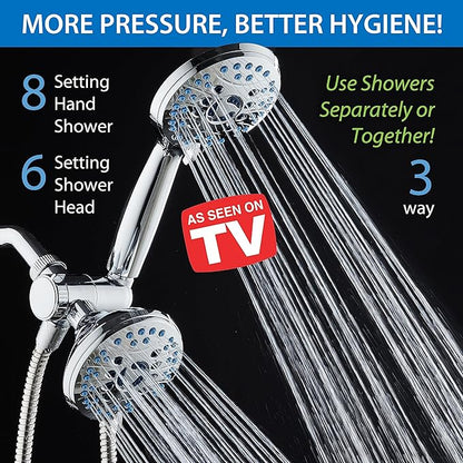 Hotel Spa AquaCare As-Seen-On-TV High Pressure 48-setting Rain & Handheld 3-way Shower Head Combo - Anti-clog Nozzles/Tub, Tile & Pet Power Wash/Extra Long 6 ft. Hose/All Chrome Finish