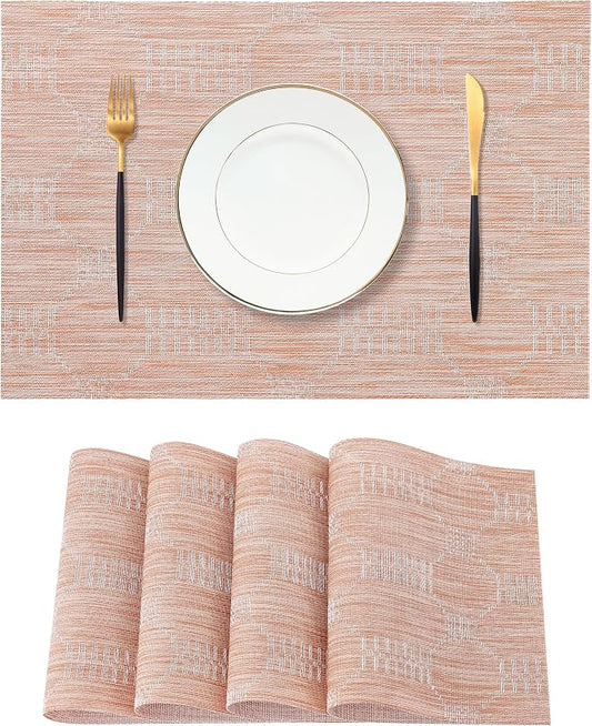 Leetaltree Coral Placemats Set of 4 - Heat Resistant Non-Slip Place mats for Dining Table, Washable Durable PVC Vinyl Woven Table Mats（Coral, 4）