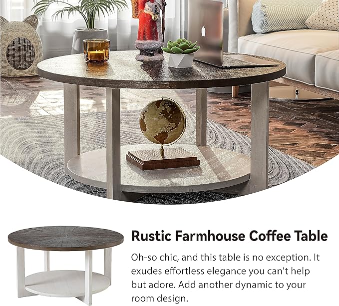 LONYKE Round Wood Coffee Table with Distressed Finish Top, Two-Tone Living Room Table with Lower Storage Shelf, Farmhouse Center Table, Large Circle, Brown and White