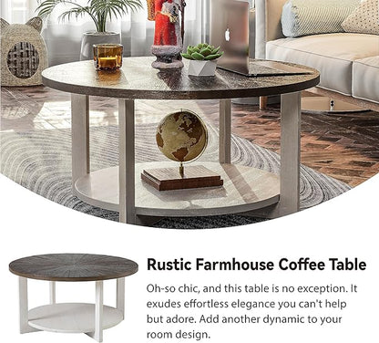 LONYKE Round Wood Coffee Table with Distressed Finish Top, Two-Tone Living Room Table with Lower Storage Shelf, Farmhouse Center Table, Large Circle, Brown and White