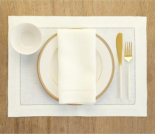 Solino Home Ivory Linen Napkins Set of 4-100% Pure Linen Hemstitch Dinner Napkins 20 x 20 Inch for Spring, Easter - Classic Hemstitch