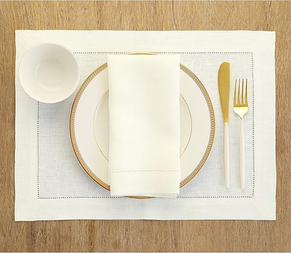 Solino Home Ivory Linen Napkins Set of 6-100% Pure Linen Hemstitch Dinner Napkins 20 x 20 Inch for Spring, Easter - Classic Hemstitch