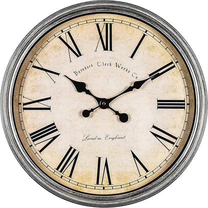 Bernhard Products Large Decorative Wall Clock 20 Inch Silent Non Ticking Battery Operated Quartz Vintage Stylish with Rustic Silver Rim for Home Living Room Dining Room Kitchen & Over Fireplace