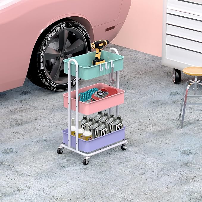 Simple Houseware 3-Tier Heavy Duty Metal Utility Rolling Cart, Multicolor