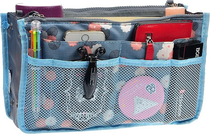 Vercord Purse Organizer Insert for Handbags Bag Organizers Inside Tote Pocketbook Women Nurse Nylon 13 Pockets Blue Flower Medium