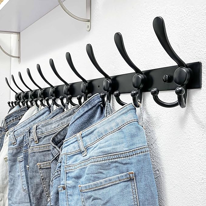 Dseap MaxStrong 2.0 Coat Rack Wall - 37” Long 10 Tri Hooks - Ultra Heavy-Duty Stainless Steel Wall Mount Coat Hanger, Hook Rail for Clothes Hats Jacket Towels Black, Pack of 2