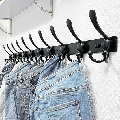 Dseap MaxStrong 2.0 Coat Rack Wall - 37” Long 10 Tri Hooks - Ultra Heavy-Duty Stainless Steel Wall Mount Coat Hanger, Hook Rail for Clothes Hats Jacket Towels Black, Pack of 2